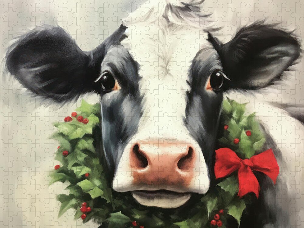 Cow Jigsaw Puzzle featuring the painting Christmas Cow Camille by Tina LeCour
