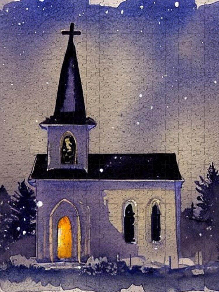 Chapel Jigsaw Puzzle featuring the painting Christmas Eve in a New England Church, 2022 by Christopher Lotito