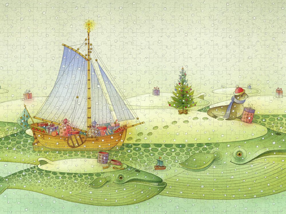 Whales Winter Snow Ice Ocean Sea Boat Christmas Seal Christmascard Holydays Jigsaw Puzzle featuring the drawing Christmas for the Whales by Kestutis Kasparavicius