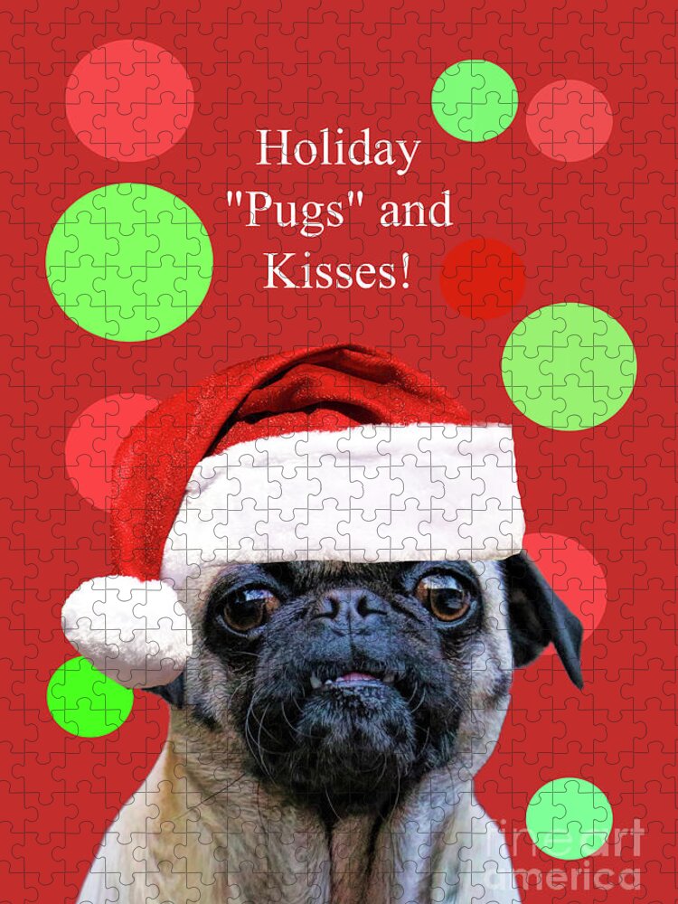 Christmas Jigsaw Puzzle featuring the photograph Christmas Holiday Pug with Santa Hat Cute by Stephanie Laird