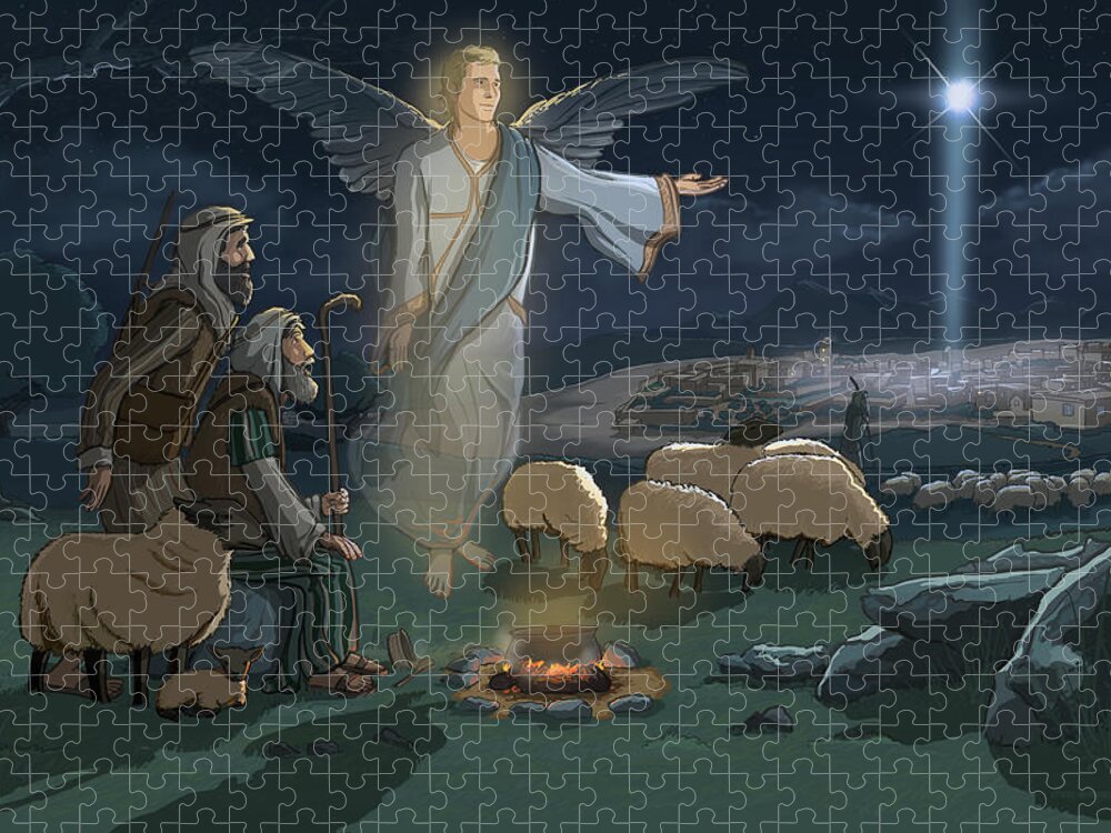 Christmas Jigsaw Puzzle featuring the digital art Christmas Shepherds and Angel by Emerson Design