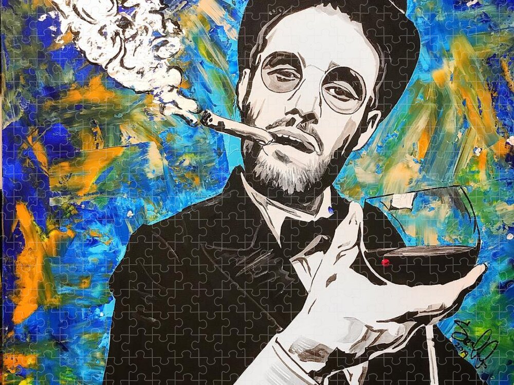 Cigar Jigsaw Puzzle featuring the painting Cigar and some wine by Sergio Gutierrez