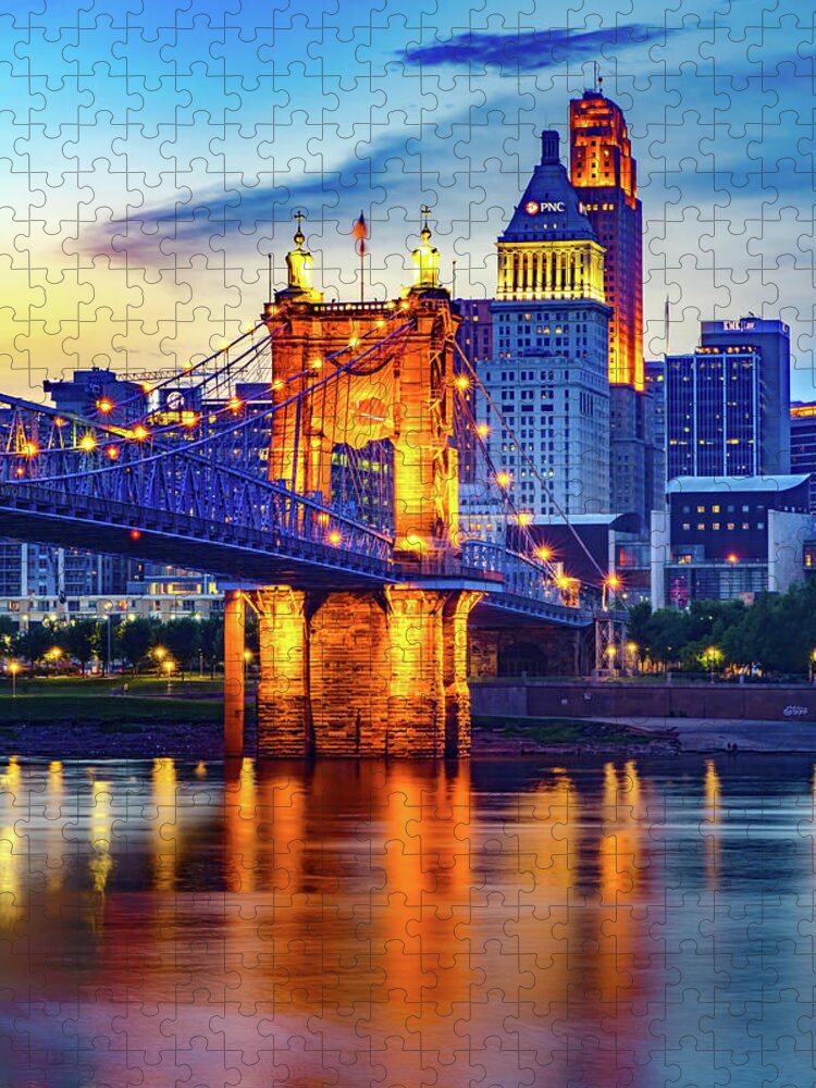 Cincinnati Ohio Jigsaw Puzzle featuring the photograph Cincinnati Ohio Skyline and John A. Roebling Bridge at Dusk by Gregory Ballos