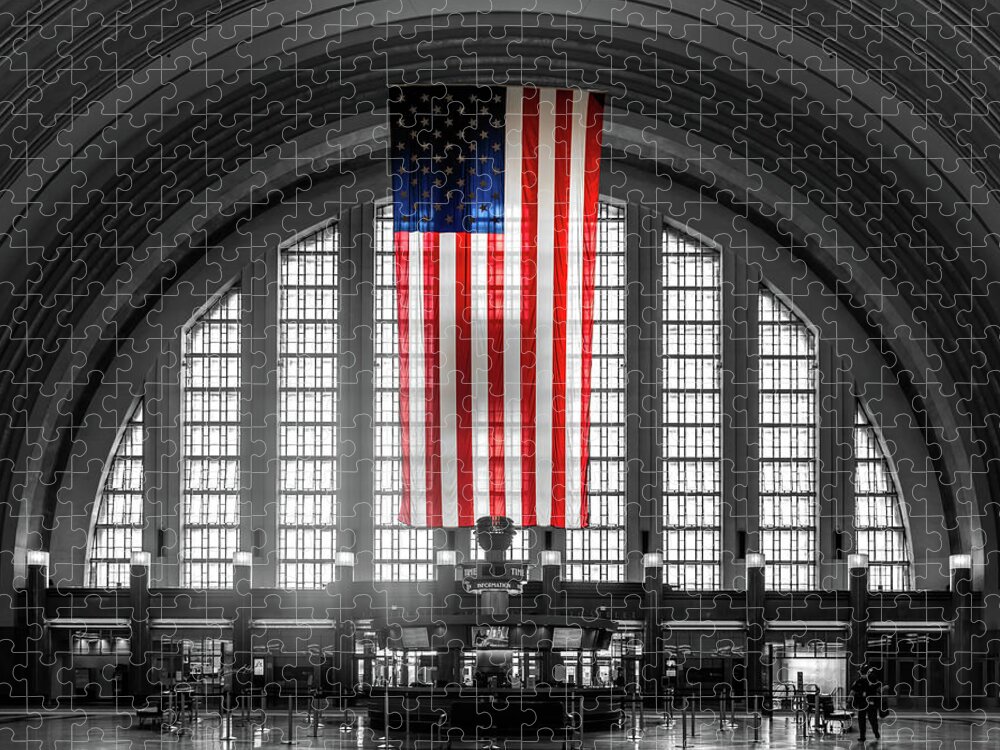 Interior Union Terminal Station Cincinnati Jigsaw Puzzle featuring the photograph Cincinnati Union Terminal Interior American Flag by Sharon Popek