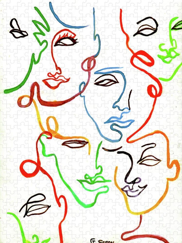 Face Jigsaw Puzzle featuring the painting Continuous Color Line Faces Abstract by Genevieve Esson