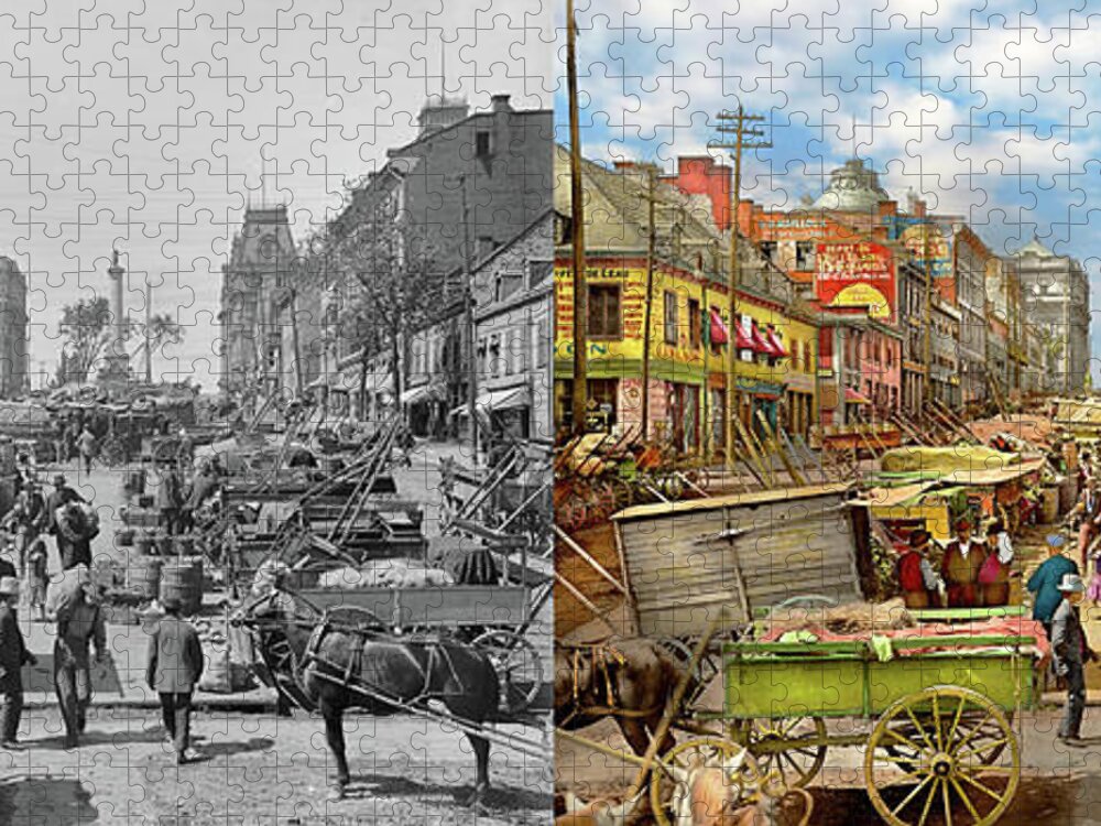Jacques Cartier Square Jigsaw Puzzle featuring the photograph City - Montreal, CA - Jacques Cartier Square 1900 - Side by Side by Mike Savad