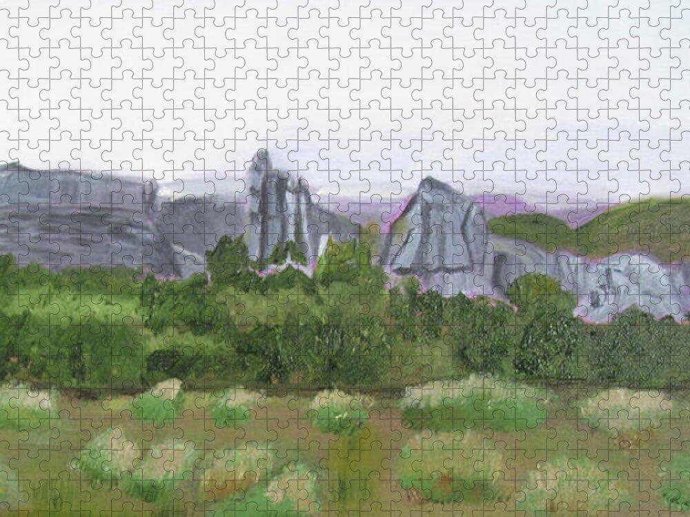 Idaho Jigsaw Puzzle featuring the painting City of Rocks climbing area by Linda Feinberg