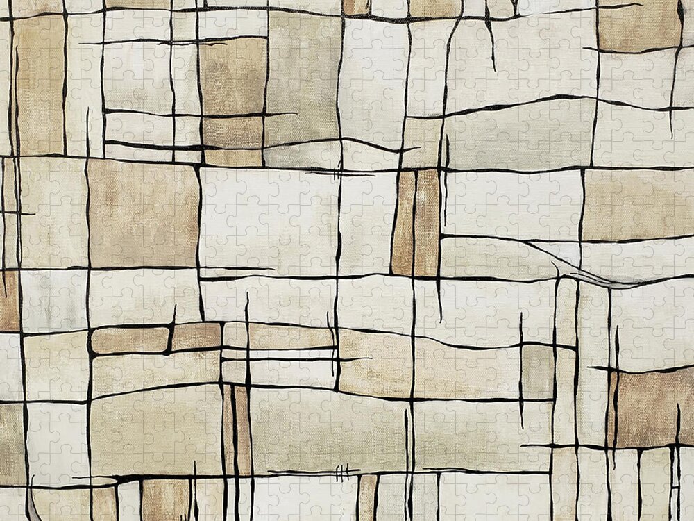 Neutral Abstract Jigsaw Puzzle featuring the painting CITY STREETS Abstract Squares in Tan Beige Brown Gray Ivory White Black by Lynnie Lang