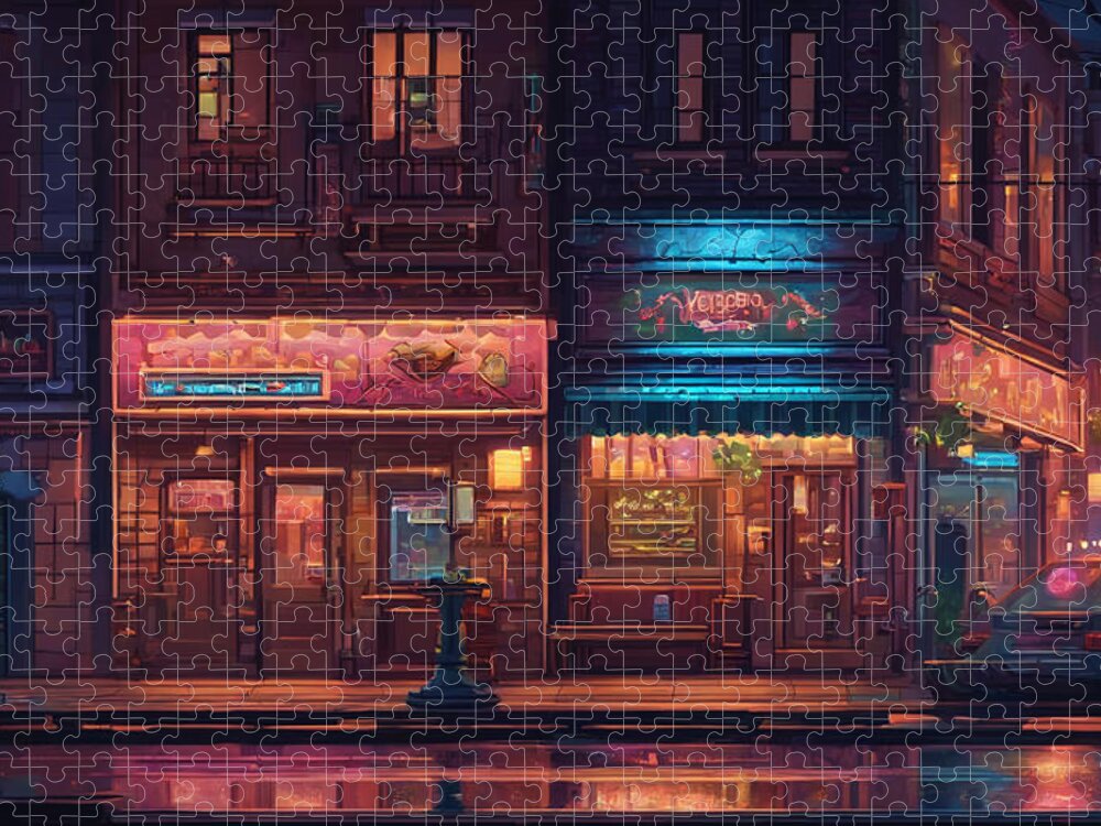 Pixel Jigsaw Puzzle featuring the digital art Cityscape at night by Quik Digicon Art Club