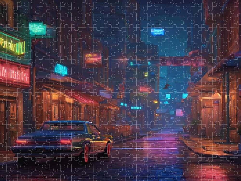 Pixel Jigsaw Puzzle featuring the digital art Cityscape at night with a car by Quik Digicon Art Club