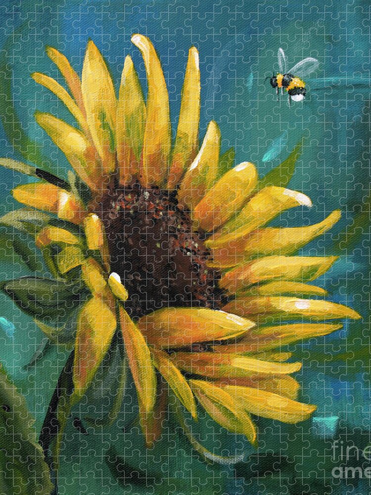 Summer Jigsaw Puzzle featuring the painting Cleared for Landing - Sunflower painting by Annie Troe