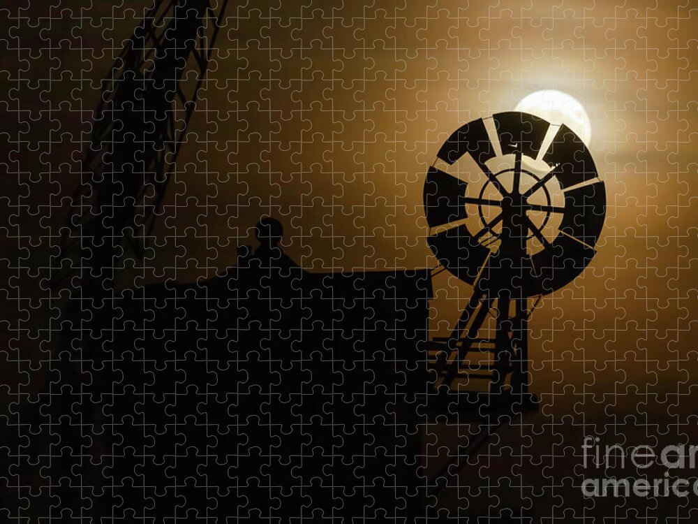 Cley Jigsaw Puzzle featuring the photograph Cley windmill silhouette with full moon fantail by Simon Bratt
