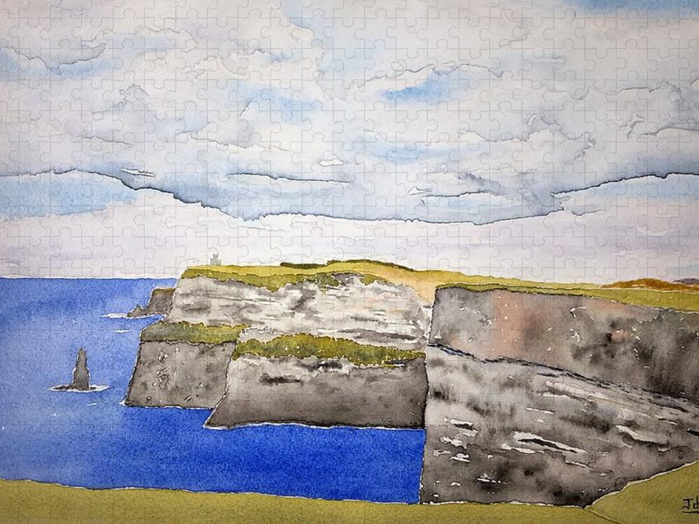 Watercolor Jigsaw Puzzle featuring the painting Cliffs of Moher by John Klobucher