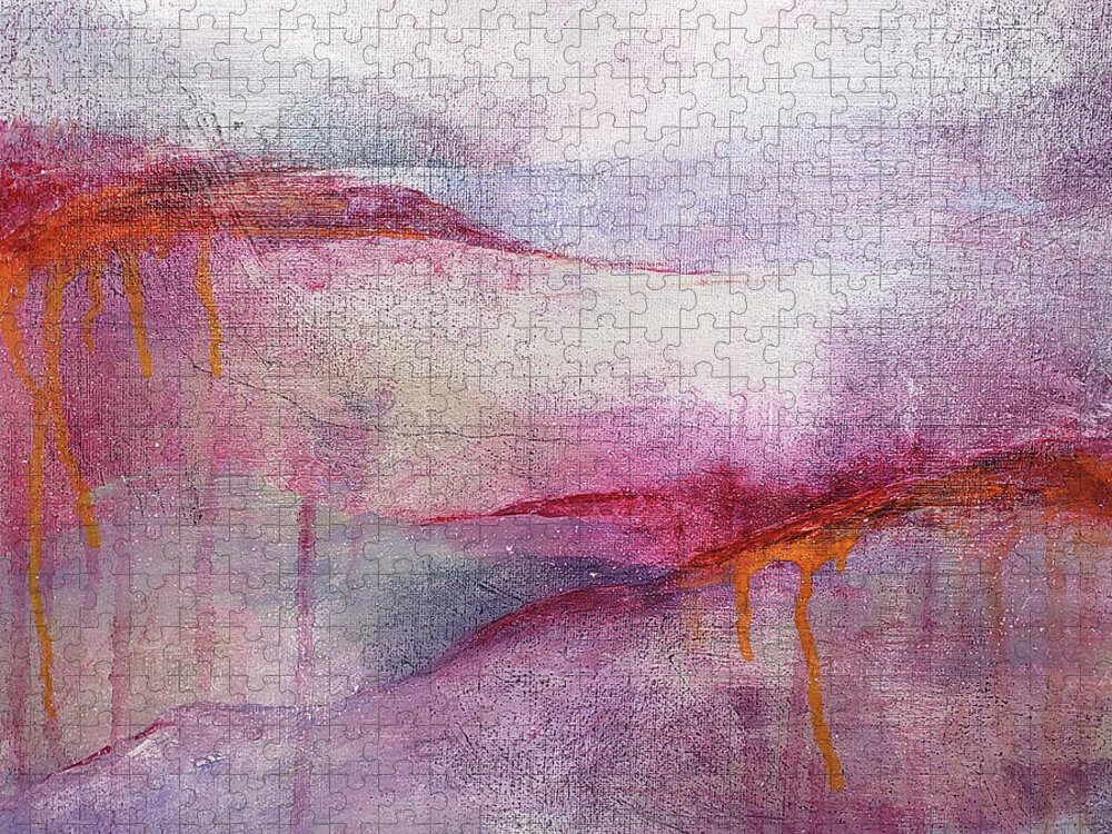 Red Jigsaw Puzzle featuring the painting CLIMATE CHANGE III Abstract Landscape Sunset in Red Pink Purple Orange Gray by Lynnie Lang