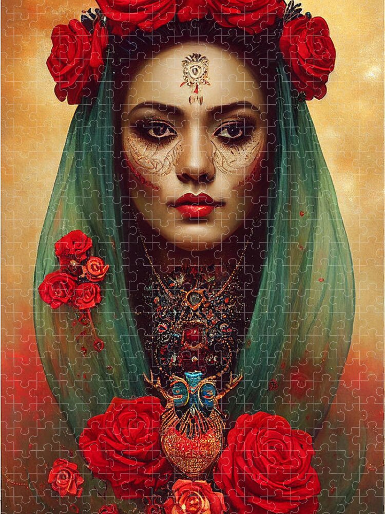 Beautiful Jigsaw Puzzle featuring the painting Closeup Portrait Of Beautiful Mexican Queen Of Th 4fe6ce64 5481 4142 Ae54 E451d4f6a147 by MotionAge Designs