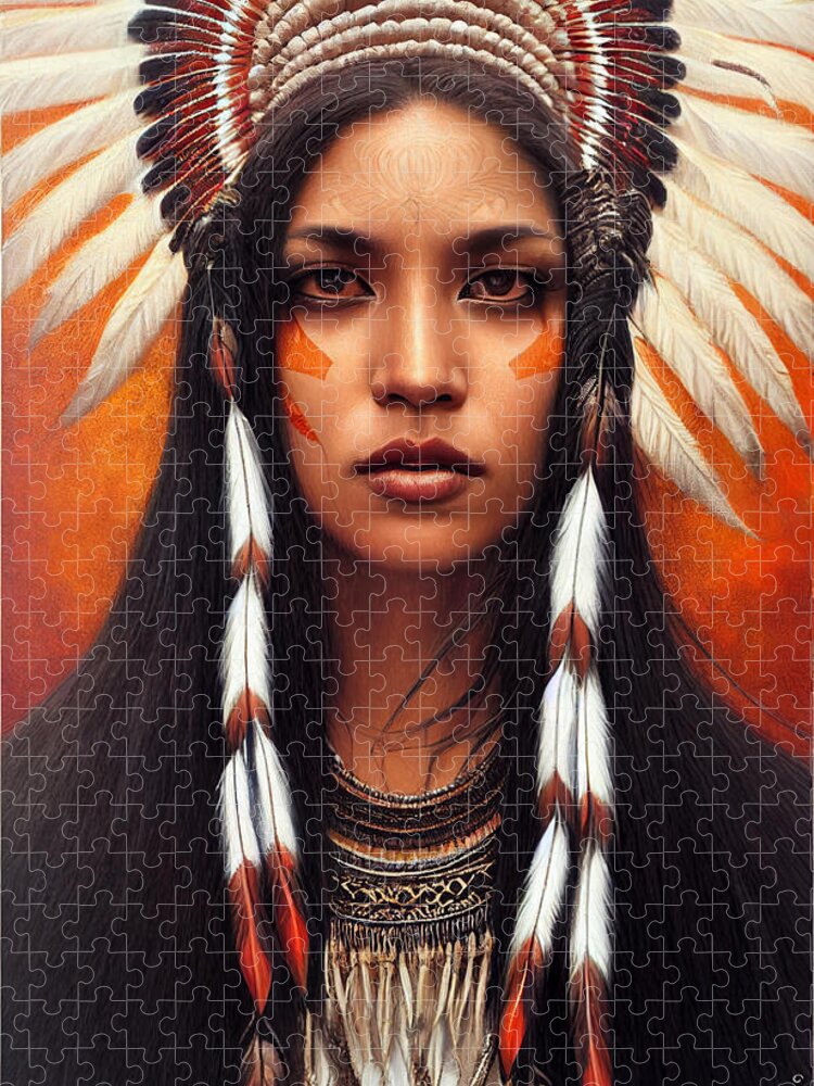 Beautiful Jigsaw Puzzle featuring the painting Closeup Portrait Of Beautiful Native American Wom 44777eb4 86ef 451e 8412 15e4cf2e6574 by MotionAge Designs