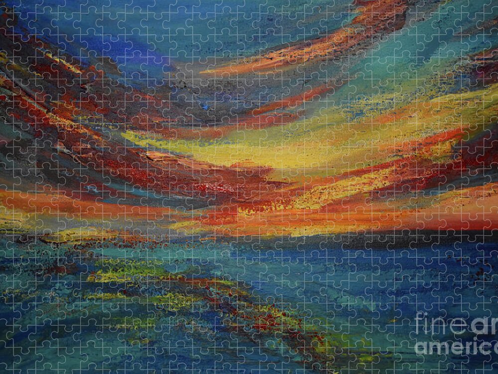 Nature Jigsaw Puzzle featuring the painting Clouds come floating into my life, to add color to my sunset sky by Leonida Arte