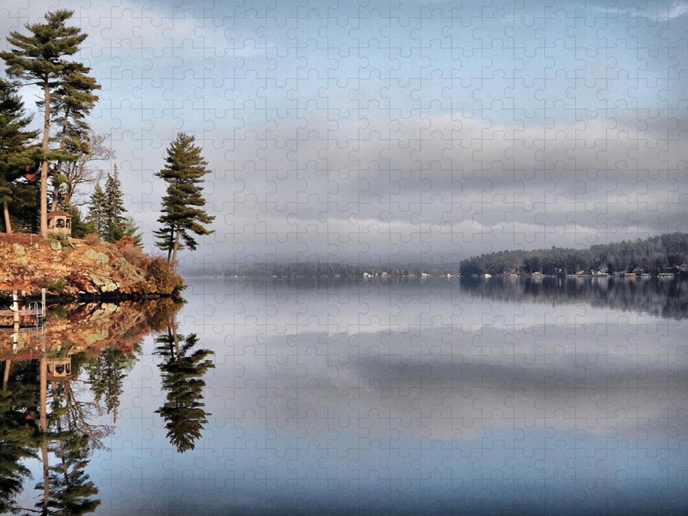 Clouds Jigsaw Puzzle featuring the photograph Clouds Gazebo and Trees Reflected on Lake by Russel Considine