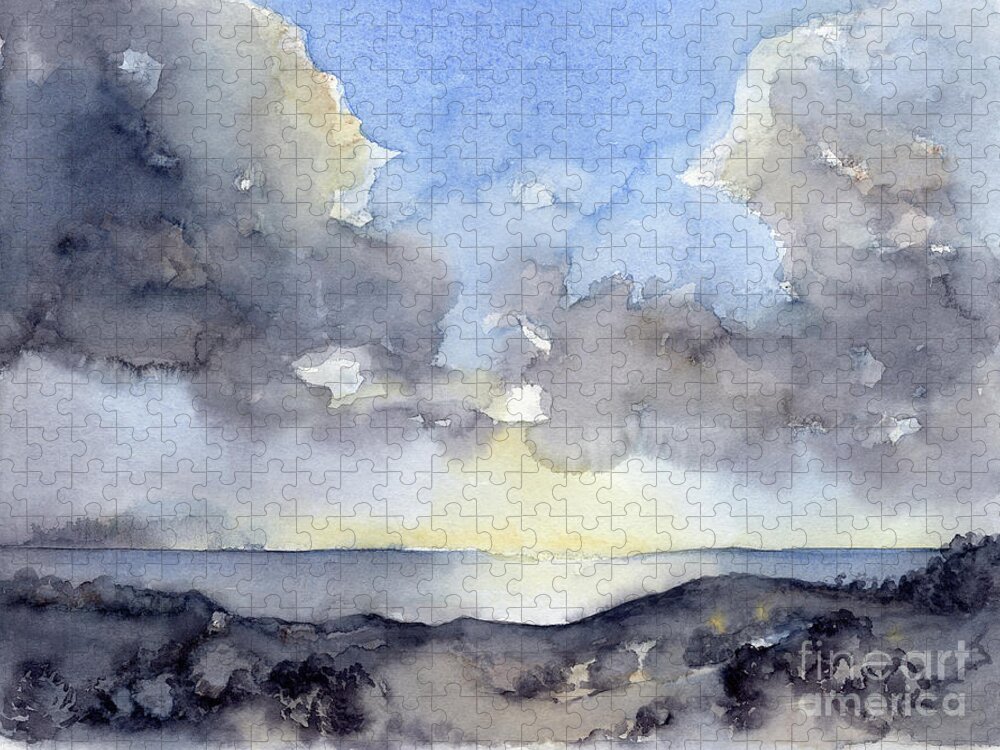 Watercolor Jigsaw Puzzle featuring the painting Clouds over the sea by Adriana Mueller