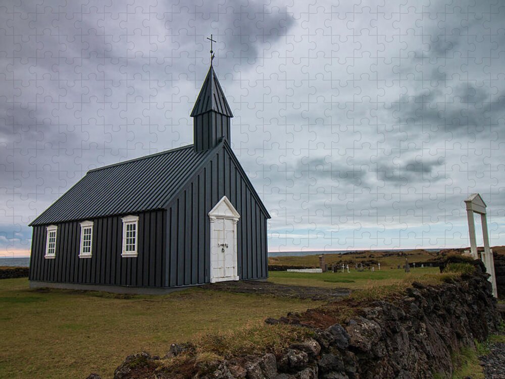 Church Jigsaw Puzzle featuring the photograph Cloudy Skies Over Budakirkja by Kristia Adams