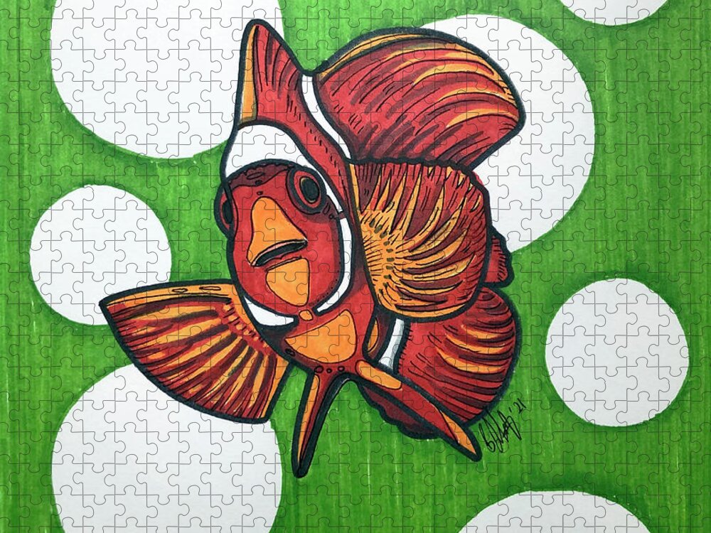 Clownfish Jigsaw Puzzle featuring the drawing Clownfish on Green by Creative Spirit