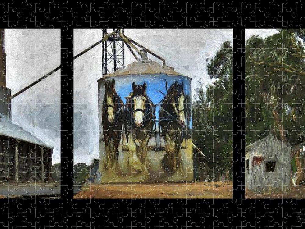 Clydesdales Jigsaw Puzzle featuring the mixed media Clydesdales Clem Sam Banjo Goorambat Silo Art by Joan Stratton