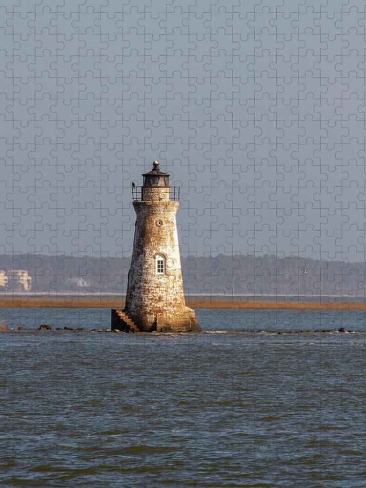 America Jigsaw Puzzle featuring the photograph Cockspur Island Lighthouse and breakwater by Karen Foley
