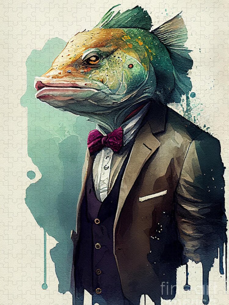 Cod Jigsaw Puzzle featuring the painting Cod in Suit Watercolor Hipster Animal Retro Costume by Jeff Creation