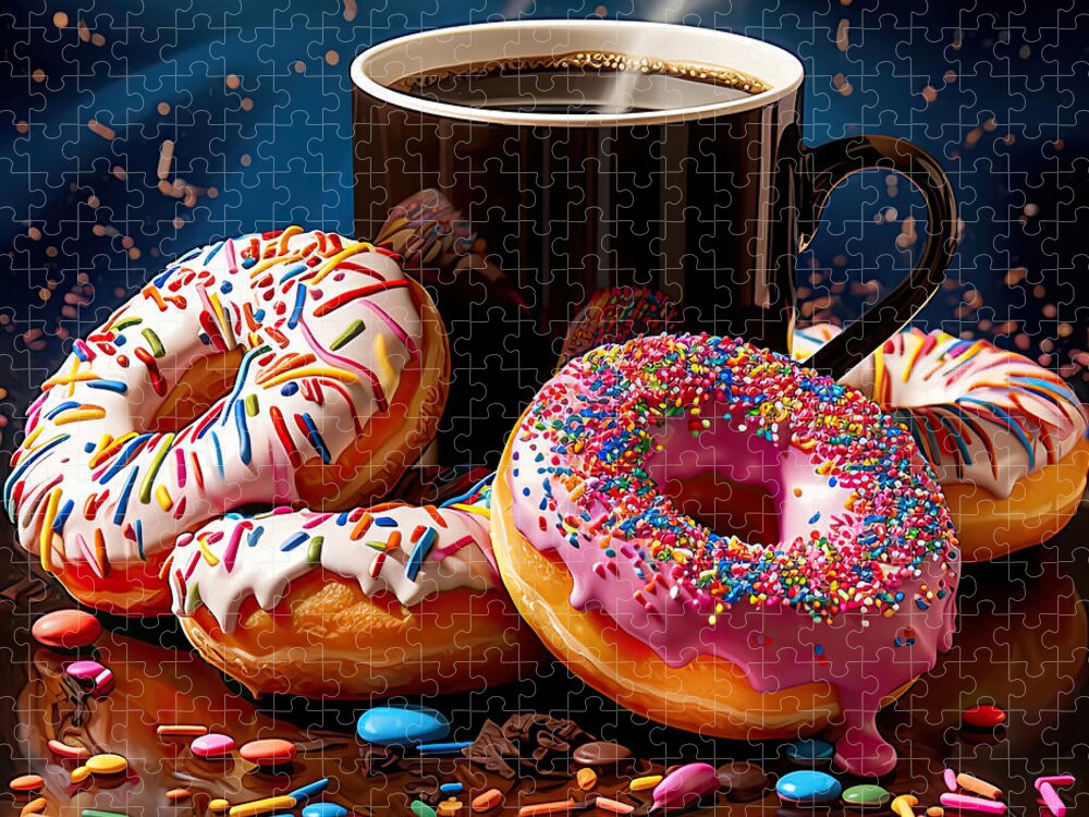 Coffee And Donuts Jigsaw Puzzle featuring the digital art Coffee Date by Lourry Legarde