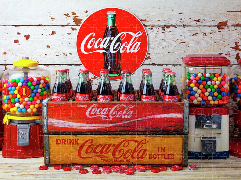 Coca Jigsaw Puzzle featuring the photograph Coke Sign And Bottles In Cartes by Garry Gay