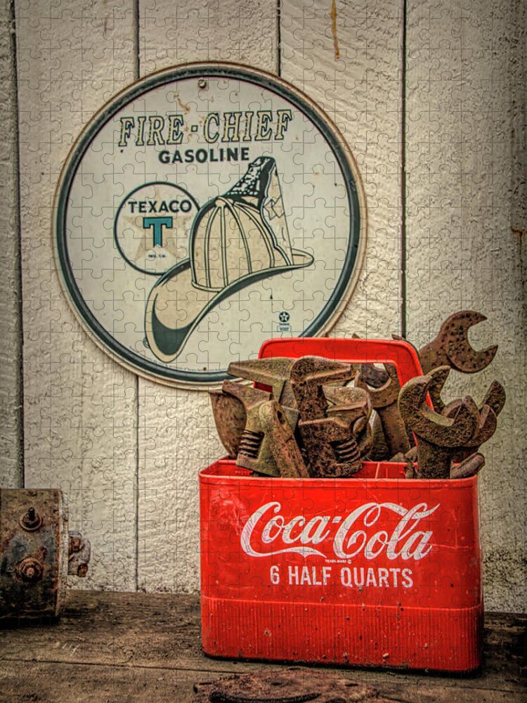 Vintage Jigsaw Puzzle featuring the photograph Cola Cooler of Wrenches by Kristia Adams