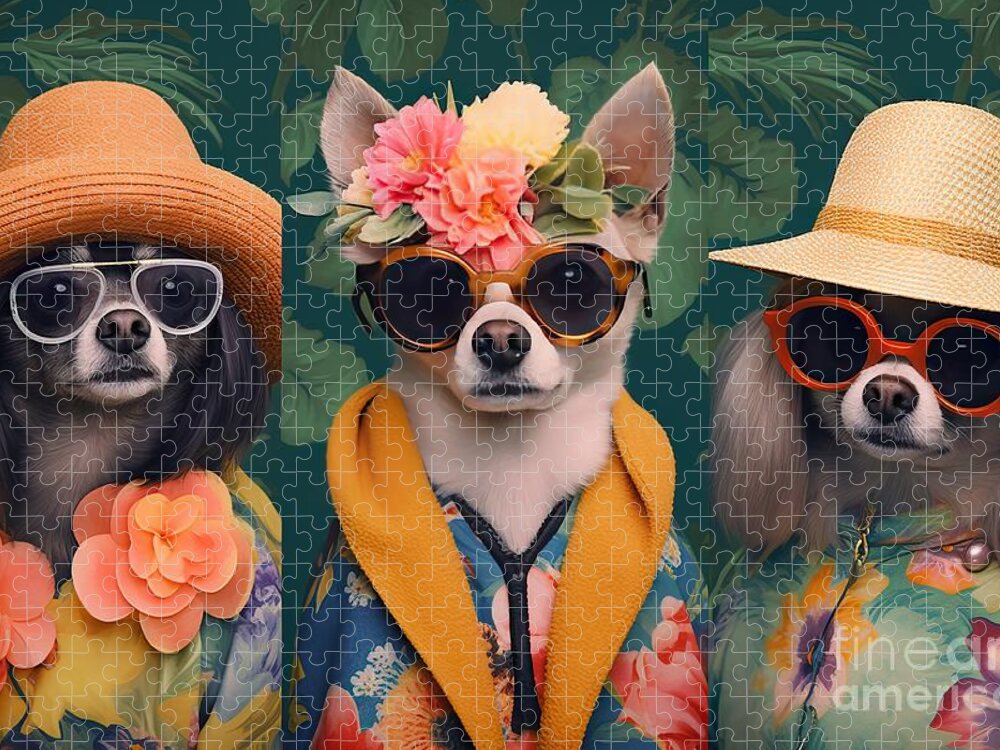 Dog Jigsaw Puzzle featuring the painting collection glasses fashion Dog flowers Background hats wearing dogs Cute chihuahua pet animal puppy canino white isolated breed mammal small brown purebred black sitting portrait domestic little by N Akkash