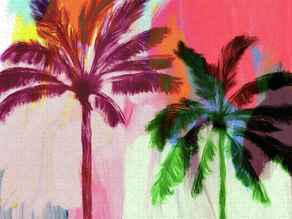 Palm Trees Jigsaw Puzzle featuring the mixed media Color Burst Palm Trees 2- Art by Linda Woods by Linda Woods