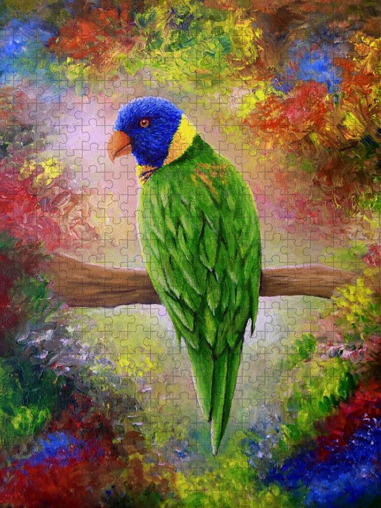 Bird Jigsaw Puzzle featuring the painting Colorful Bird 76 by Lucie Dumas