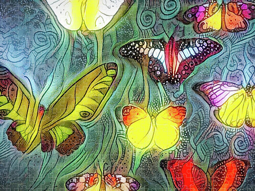 Colorful Butterflies Jigsaw Puzzle featuring the digital art Colorful Butterflies glowing by Cathy Anderson