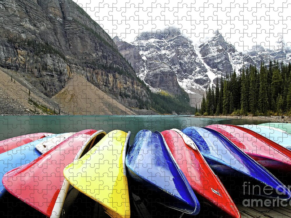 Alberta Jigsaw Puzzle featuring the photograph Colorful Canoes - Morraine Lake - Banff National Park - Alberta - Canada by Paolo Signorini
