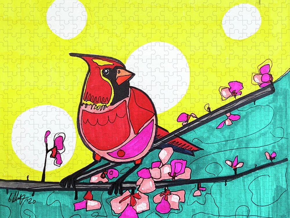 American Cardinal Jigsaw Puzzle featuring the drawing Colorful Cardinal by Creative Spirit