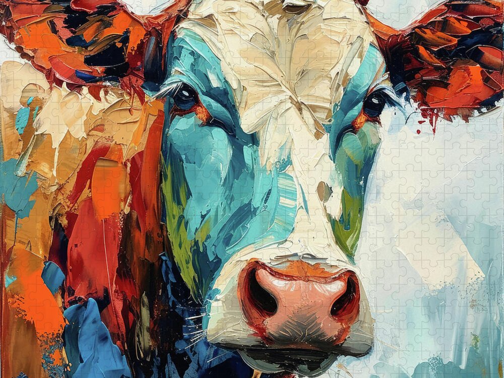 Cow Jigsaw Puzzle featuring the painting Colorful Country Cow by Tina LeCour