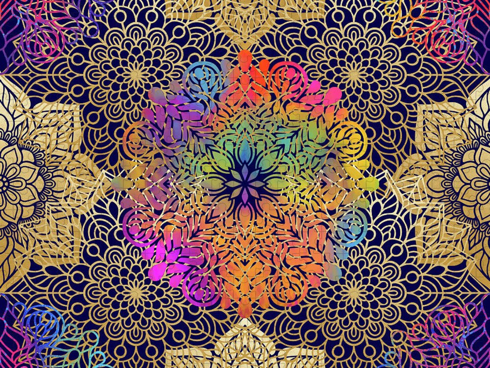 Mandala Jigsaw Puzzle featuring the digital art Colorful Gold Mandala Pattern in Black Background by Sambel Pedes