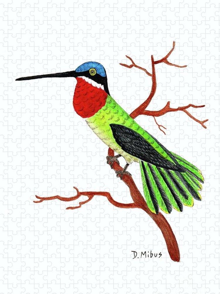 Hummingbird Jigsaw Puzzle featuring the painting Colorful Hummingbird Day 4 Challenge by Donna Mibus