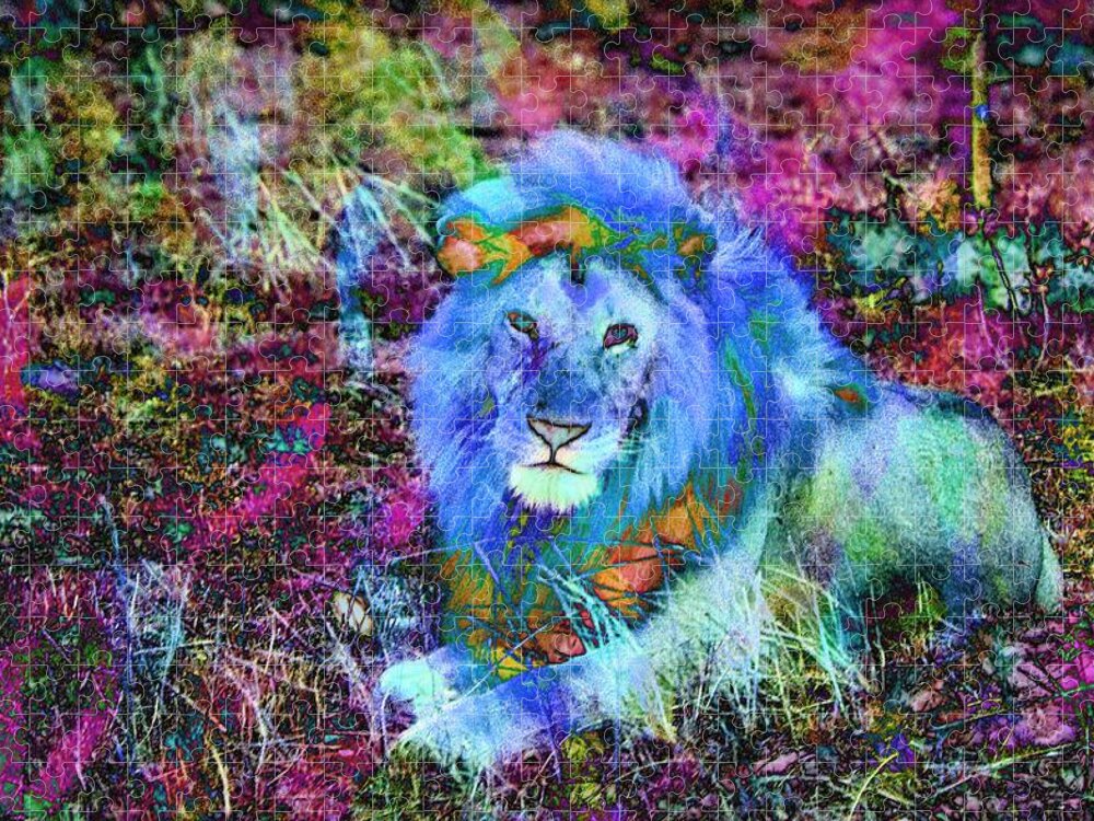 Lion Jigsaw Puzzle featuring the digital art Colorful Lion King by Russel Considine