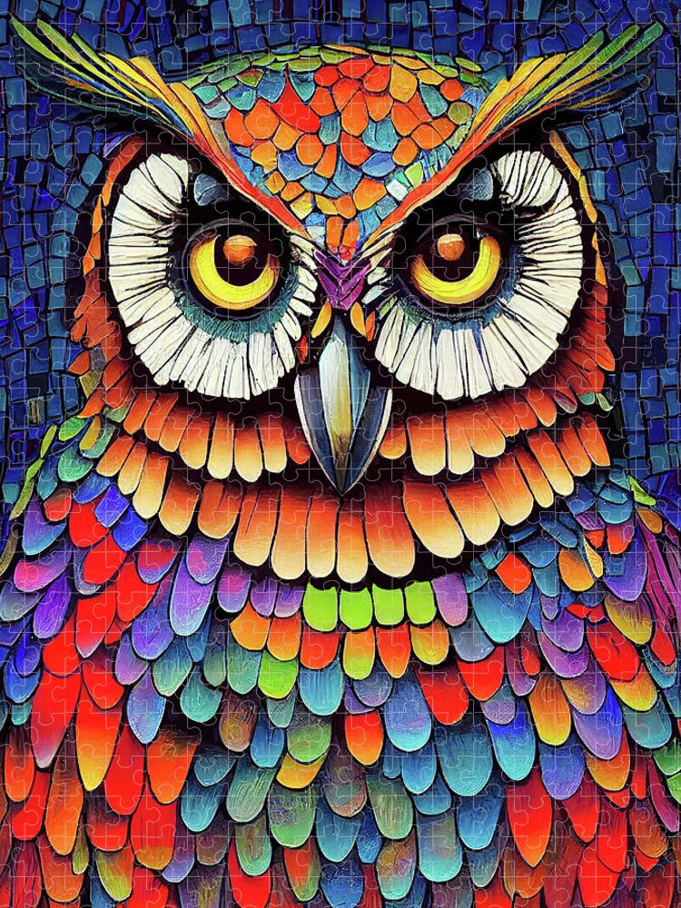 Owls Jigsaw Puzzle featuring the digital art Colorful Mosaic Owl by Mark Tisdale