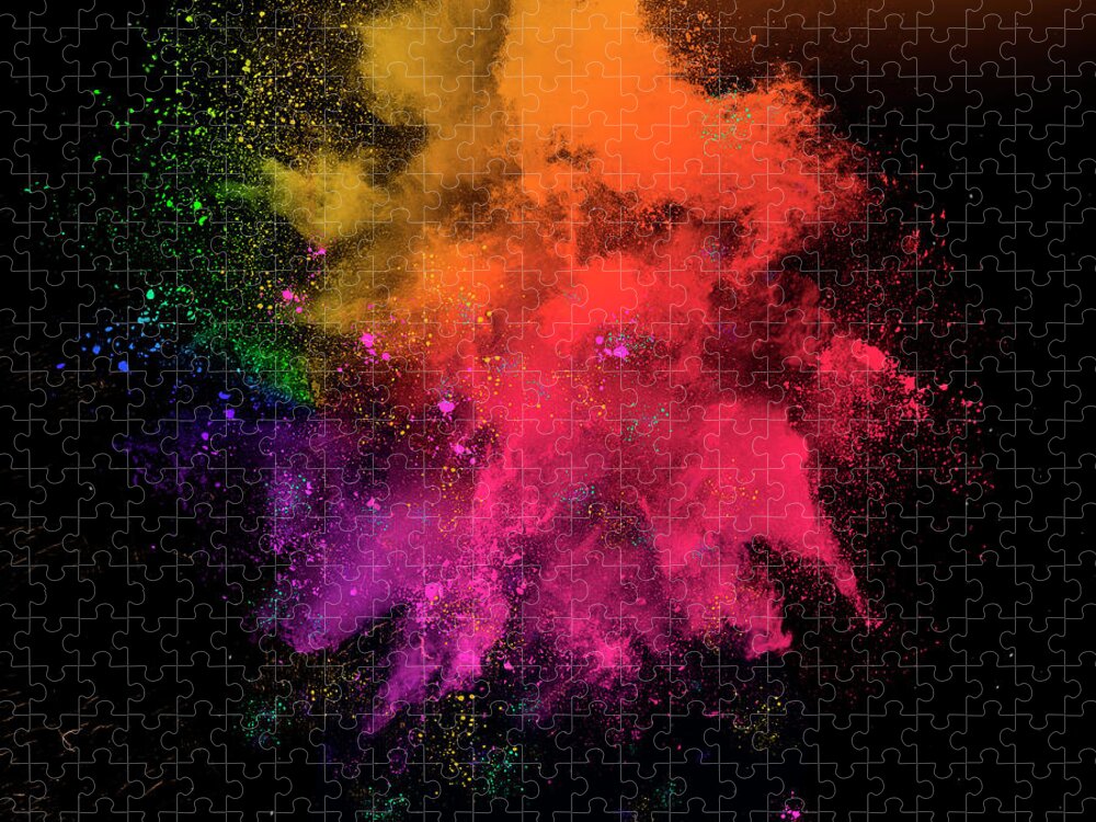 Paint Jigsaw Puzzle featuring the digital art Colorful rainbow holi paint powder explosion isolated on black background by Maria Kray
