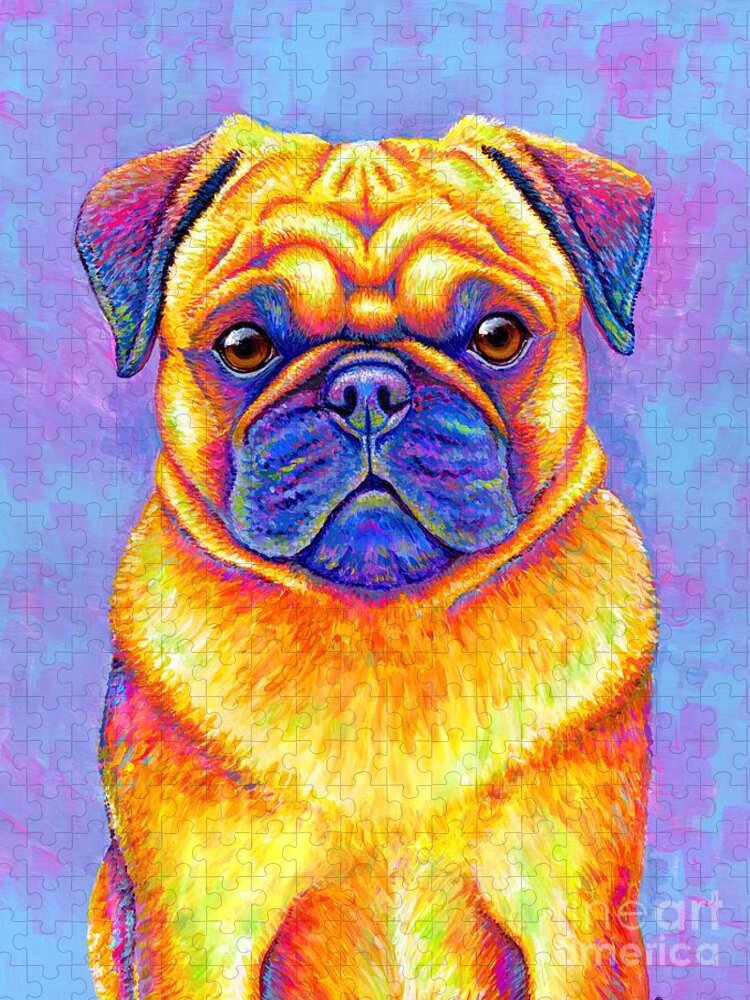 Pug Jigsaw Puzzle featuring the painting Colorful Rainbow Pug Dog Portrait by Rebecca Wang