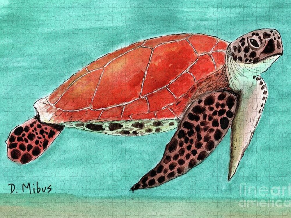 Sea Turtle Jigsaw Puzzle featuring the painting Colorful Sea Turtle in Blue Green Water by Donna Mibus