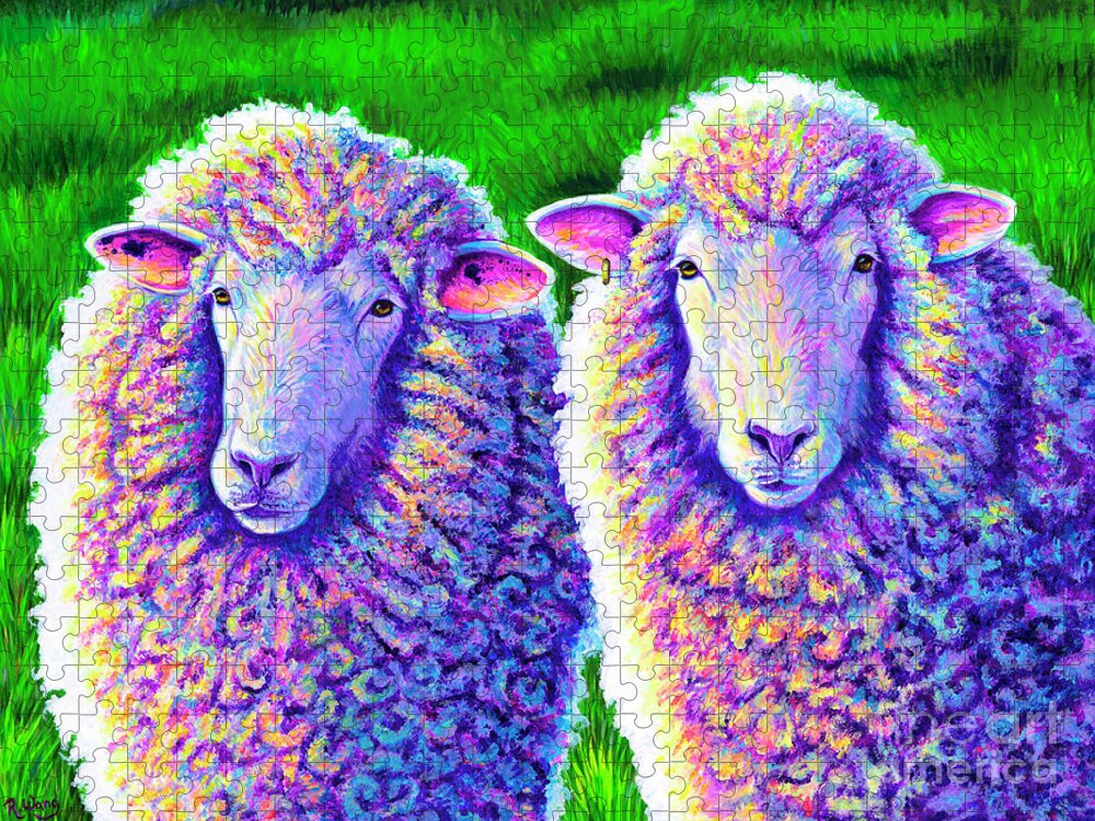 Sheep Jigsaw Puzzle featuring the painting Colorful Sheep Portrait - Charlie and Curtis by Rebecca Wang