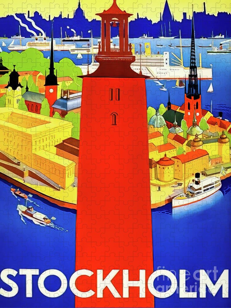 1936 Jigsaw Puzzle featuring the drawing Colorful Stockholm Sweden Travel Poster 1936 by M G Whittingham