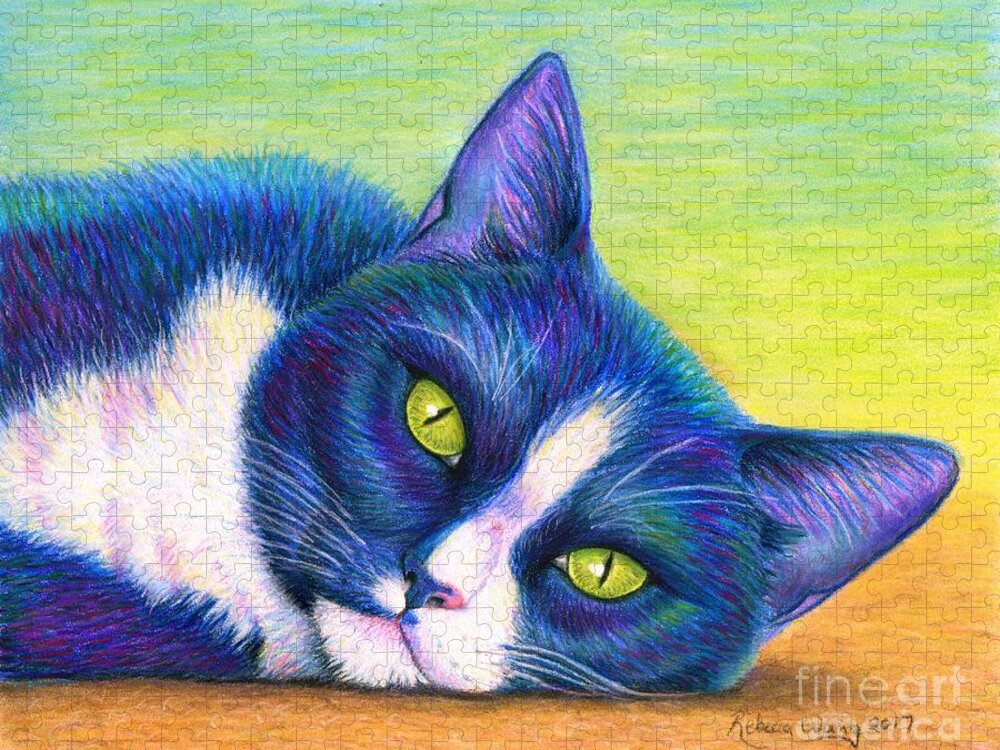 Cat Jigsaw Puzzle featuring the drawing Colorful Tuxedo Cat by Rebecca Wang