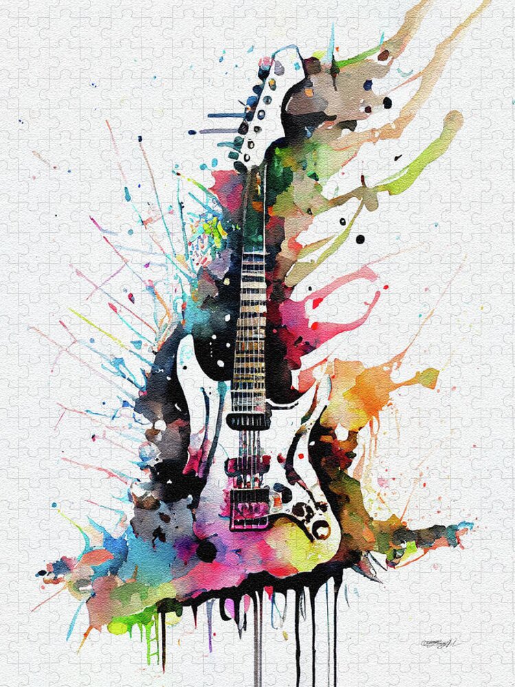 Music Jigsaw Puzzle featuring the digital art Colorful Watercolor guitar illustration on white background by Lena Owens - OLena Art Vibrant Palette Knife and Graphic Design