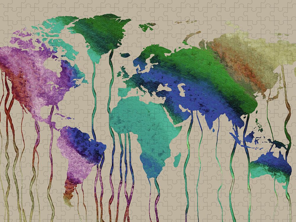 World Map Jigsaw Puzzle featuring the painting Colors On Beige Watercolor World Map Silhouette by Irina Sztukowski